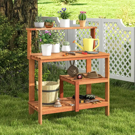 Outdoor Garden Potting Wood Planting Workstation with Open Shelves