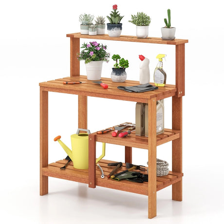 Outdoor Garden Potting Wood Planting Workstation with Open Shelves