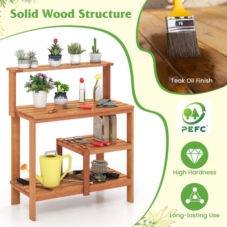 Outdoor Garden Potting Wood Planting Workstation with Open Shelves