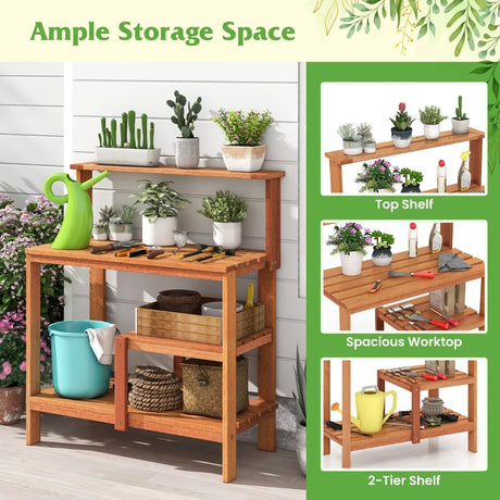 Outdoor Garden Potting Wood Planting Workstation with Open Shelves