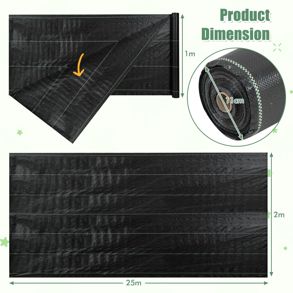 Garden Weed Barrier Fabric PP Weed Control Fabric with Guide Line-3.5 Oz 2 x 25 m