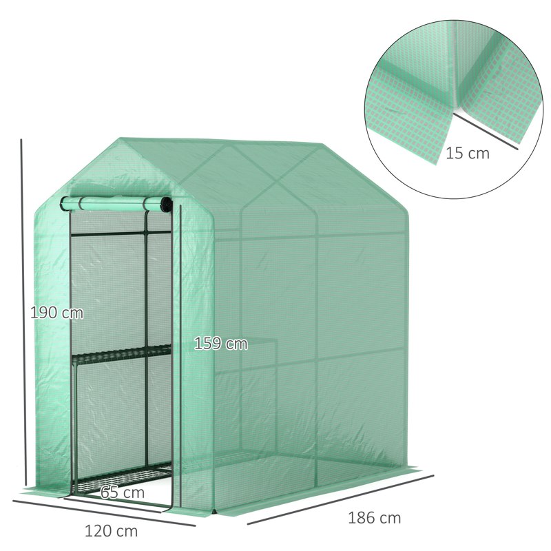 Outsunny 120 x 186cm Walk-In Greenhouse, with Shelves - Green