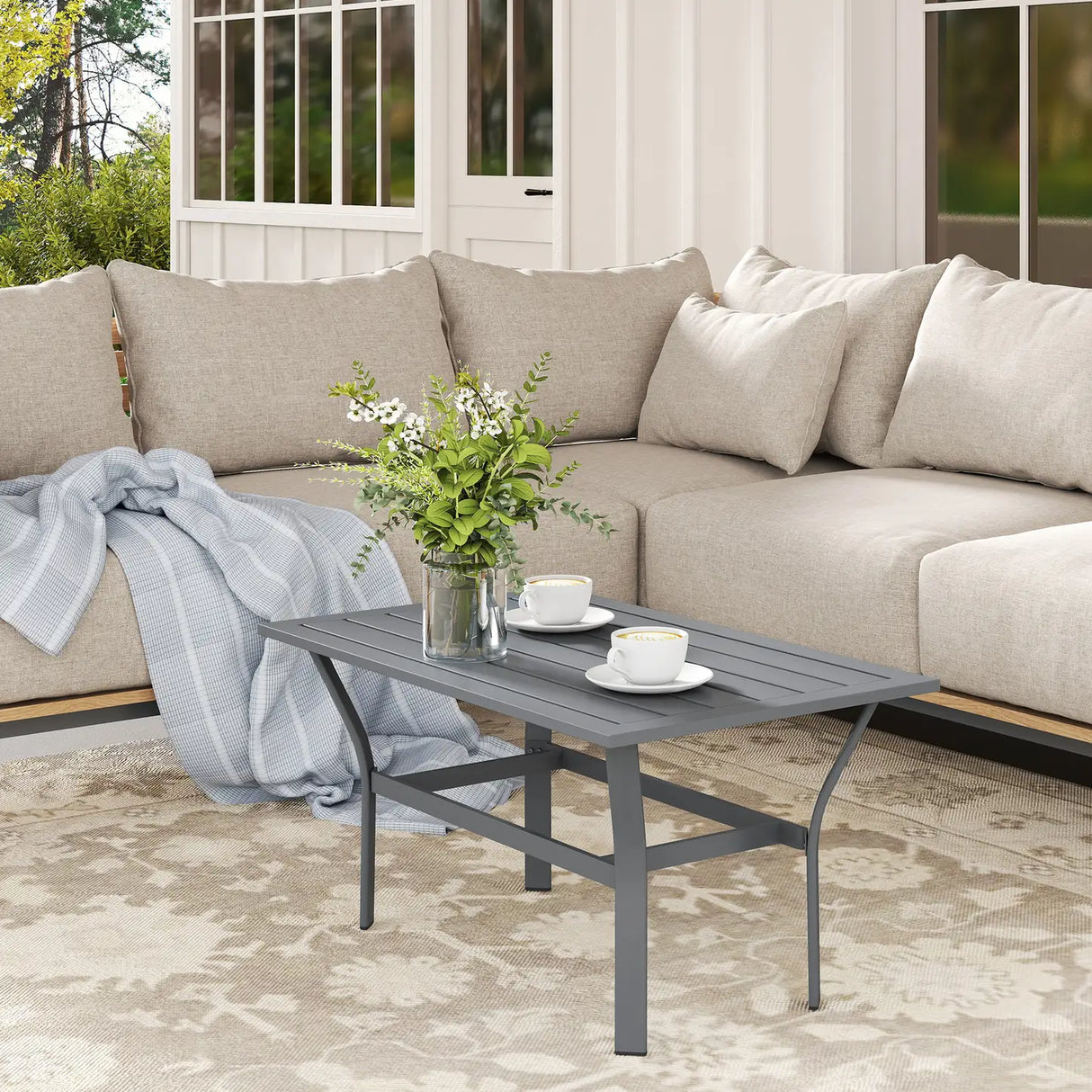 Outsunny Metal Garden Coffee Table, Rectangular Outdoor Side Table with Slatted Tabletop, Foot Pads for Outside, Garden, Balcony, Porch, 91.5 x 55 x 45cm, Dark Grey