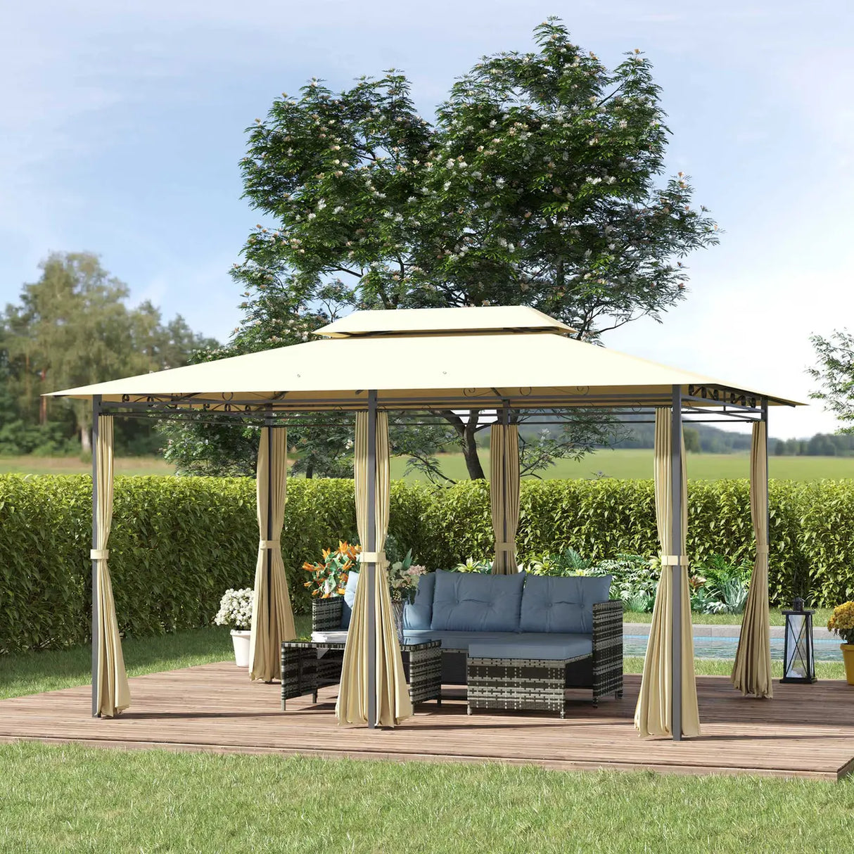 Outsunny 4x3m Gazebo with Curtains, Double Roof Outdoor Shelter for Garden, Solid Steel Frame, Perfect for Lawn & Deck, Beige