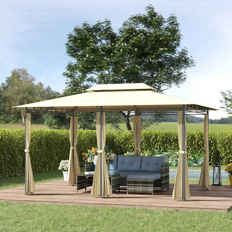 Outsunny 4x3m Gazebo with Curtains, Double Roof Outdoor Shelter for Garden, Solid Steel Frame, Perfect for Lawn & Deck, Beige