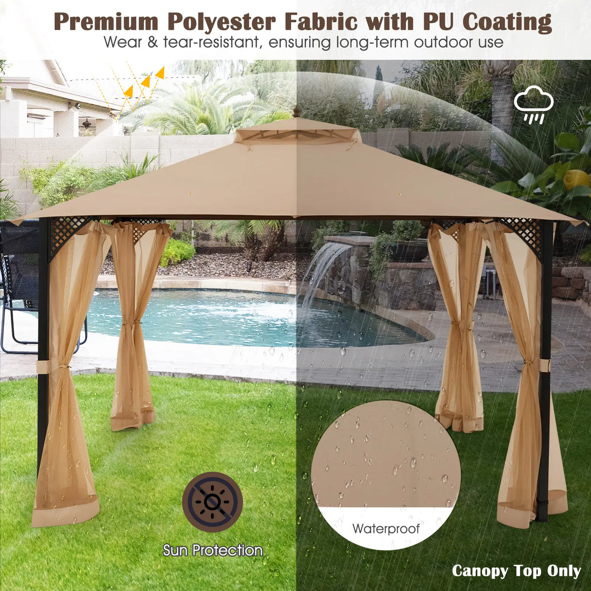 10 x 12 Feet Gazebo Replacement Top with Air Vent and Drainage Holes-Brown