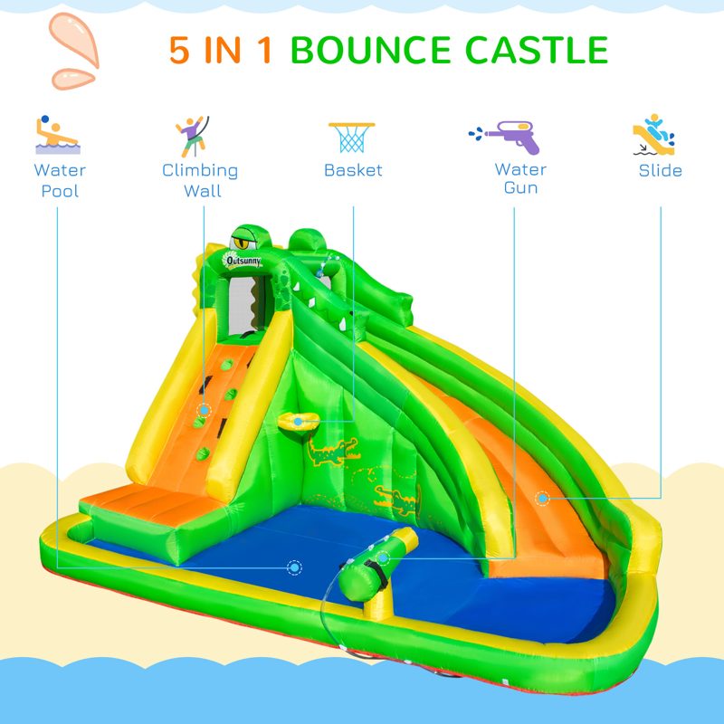 Outsunny 5 in 1 Kids Bouncy Castle Large Crocodile Style Inflatable House Slide Basket Water Pool Gun Climbing Wall with Blower Carrybag for Kids Age 3-8, 3.85 x 2.85 x 2.25m