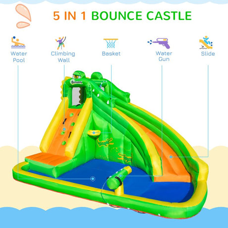 Outsunny 5 in 1 Kids Bouncy Castle Large Crocodile Style Inflatable House Slide Basket Water Pool Gun Climbing Wall with Blower Carrybag for Kids Age 3-8, 3.85 x 2.85 x 2.25m