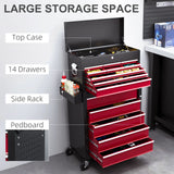 HOMCOM 14 Drawer, Two-Part Tool Storage Chest on Wheels - Red