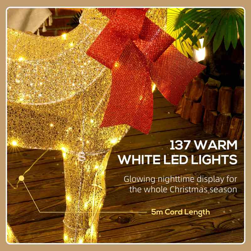 Outsunny Lighted Reindeer Christmas Decoration, Light Up Christmas Deer with 137 LED Lights for Indoor, Outdoor, Garden, Lawn, Gold Tone