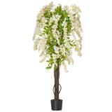 HOMCOM Artificial Realistic White Wisteria Tree Faux Decorative Plant in Nursery Pot for Indoor Outdoor Décor, 160cm