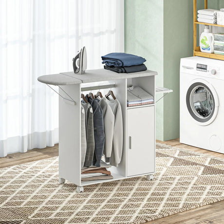 HOMCOM Rolling Ironing Board Cabinet, Foldable Ironing Station with Storage, Wheels for Home, Laundry Room, White