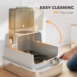 PawHut XXL Stainless Steel Cat Litter Tray, Enclosed Cat Litter Box with 90 Flip Cover, Double Doors, Scoop, Easy Clean, Grey