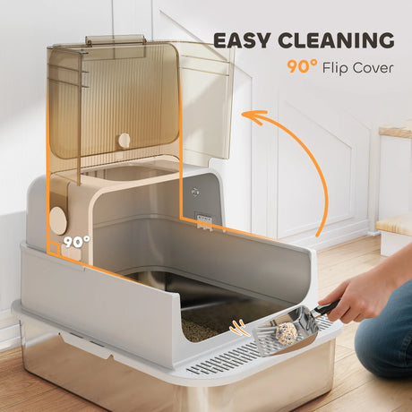 PawHut XXL Stainless Steel Cat Litter Tray, Enclosed Cat Litter Box with 90 Flip Cover, Double Doors, Scoop, Easy Clean, Grey