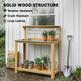 Outsunny Wooden Potting Bench Table with Aluminium Worktop, Outdoor Garden Workbench with 2 Shelves