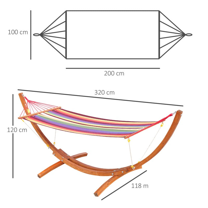 Outsunny Outdoor Hammock with Stand, Free Standing Hammock with Arc Wooden Frame and 200 x 100cm Fabric, Garden Swing Hanging Bed with Safe Ropes, Multicolour