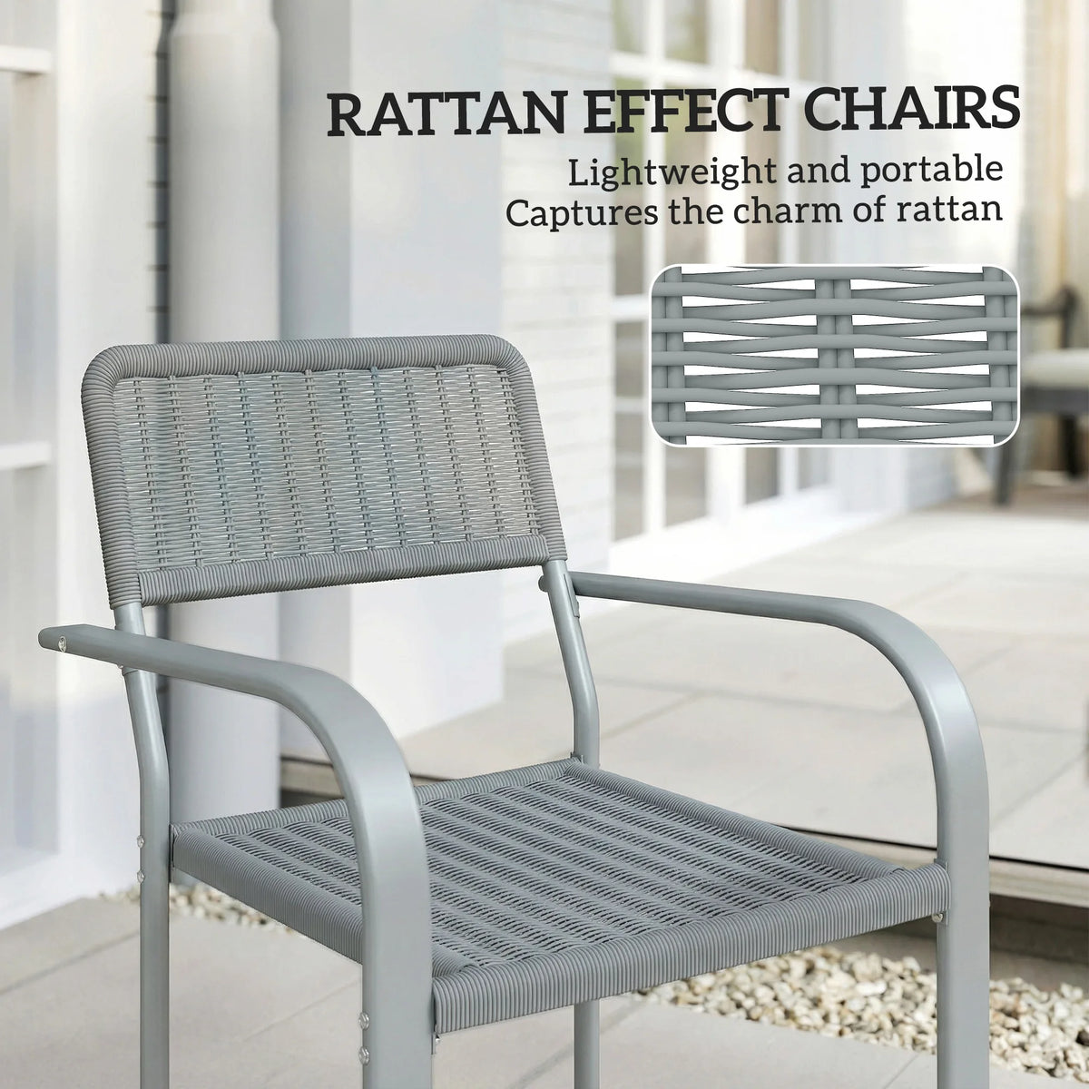 Outsunny Stackable Garden Chairs Set of 4, Rattan Effect Outdoor Dining Chairs, Light Grey