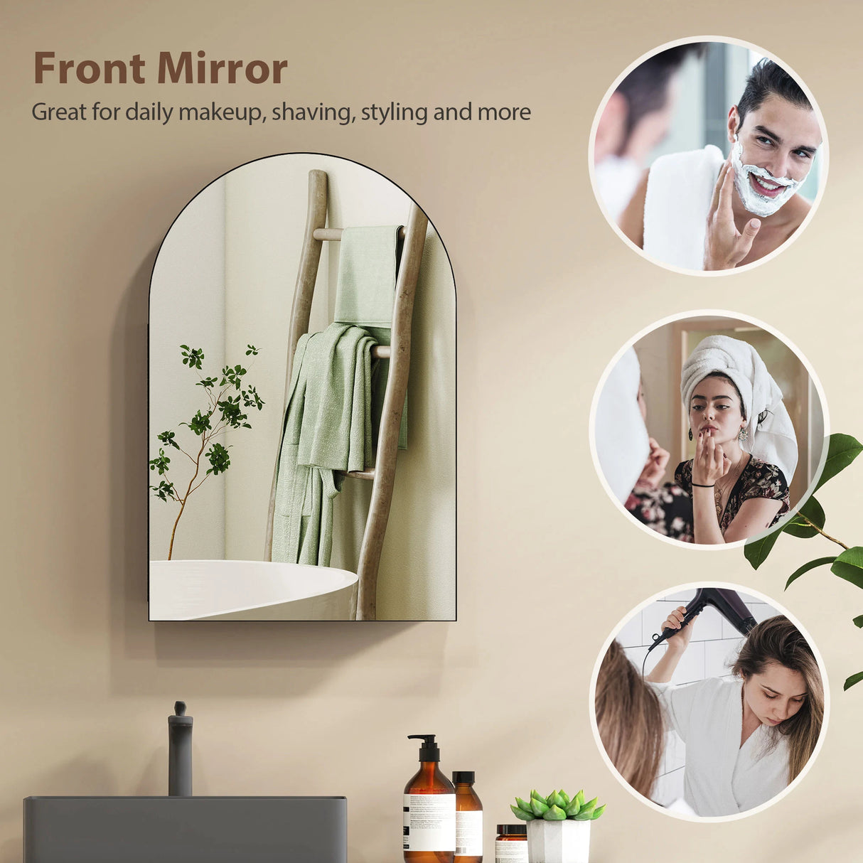 HOMCOM Bathroom Mirror Cabinet with Mirror, Arched Wall Mounted Bathroom Cabinet with Storage Shelves, Black