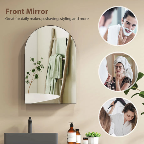 HOMCOM Bathroom Mirror Cabinet with Mirror, Arched Wall Mounted Bathroom Cabinet with Storage Shelves, Black