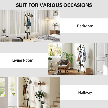 HOMCOM Freestanding Metal Coat Rack Stand 9 Hooks Clothes Tree with 1 Shelf Hat Display Hall Tree Hanger Bag Umbrella Hanging Organiser Black