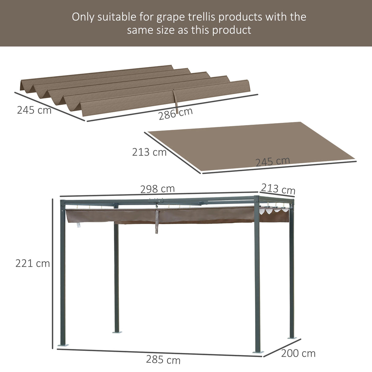 Outsunny Pergola Cover Roof, 2.86 x 2.45 m Retractable Sun Shade Top for 3 x 2m Pergola Frame, UV30+ Protected, Coffee