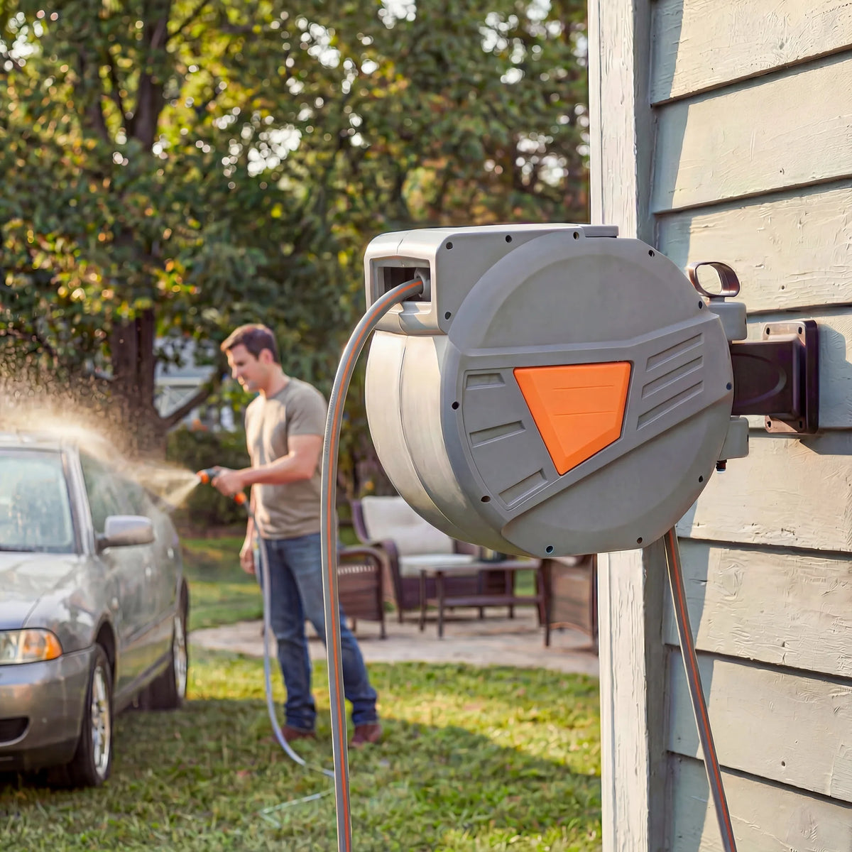 Outsunny Retractable Hose Reel Wall Mounted, 15+1.6m Garden Hose Pipe Reel with Auto Retraction, Self-Locking, Orange