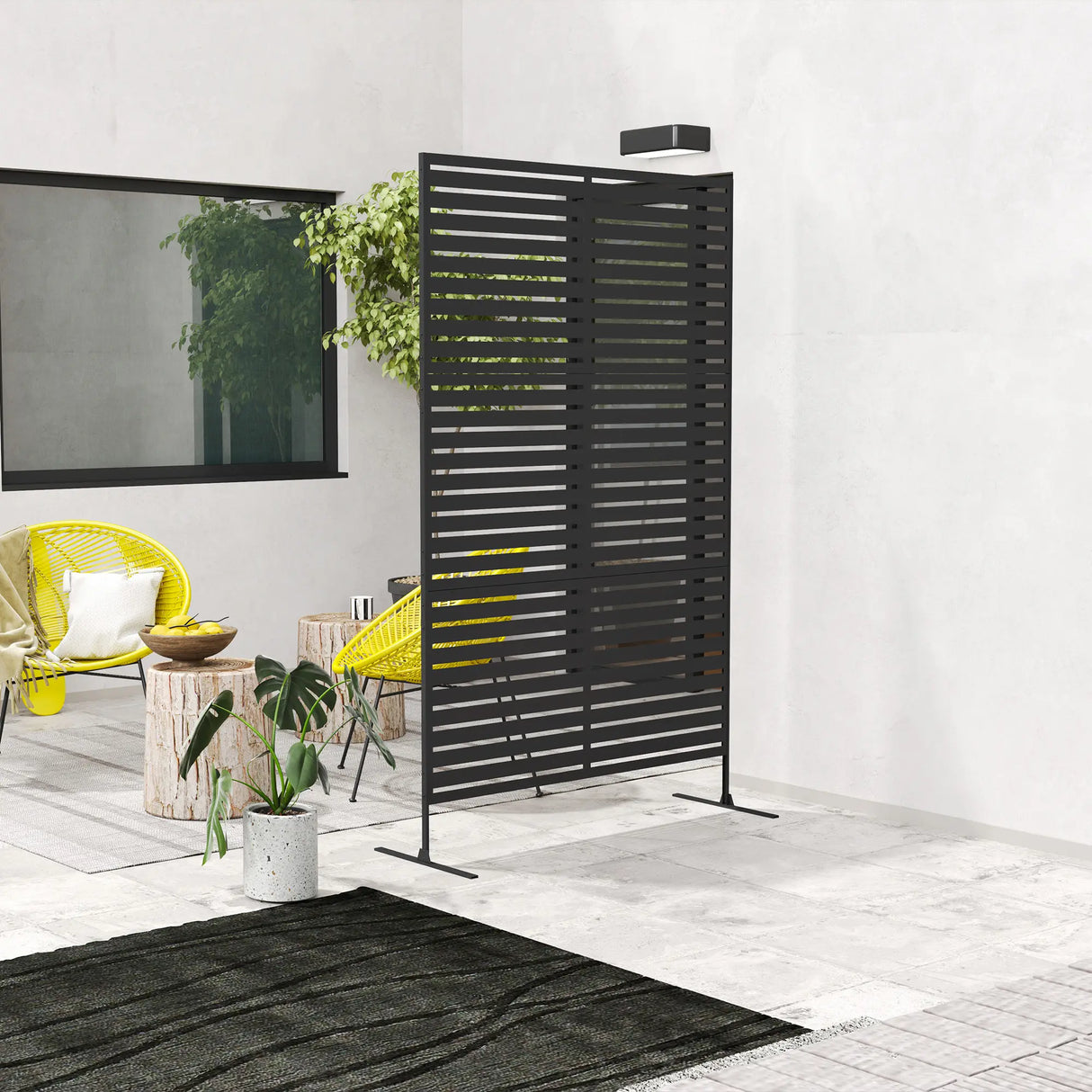 Outsunny Decorative Privacy Fence Screen, Metal Outdoor Privacy Screen Climbing Plant Trellis with Stand, 122 x 198 cm, Black