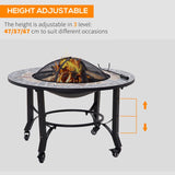 Outsunny 3-in-1 Outdoor Fire Pit on Wheels, Mosaic Garden Table, Patio Heater with Cooking BBQ Grill, Firepit Bowl with Screen Cover, Fire Poker for Backyard Bonfire