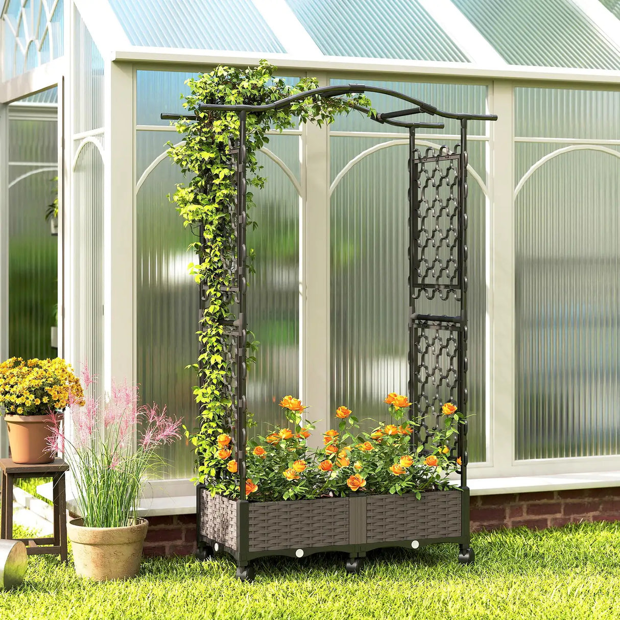 Outsunny Raised Garden Bed with Arch Trellis, Raised Bed for Garden on Wheels with Side Trellis, Self Watering Planter Box