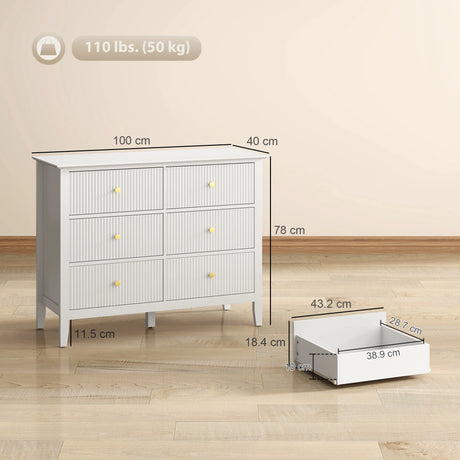 HOMCOM Fluted Dresser, 6 Drawer Chest of Drawers for Bedroom, Living Room, Hallway, Closet, White
