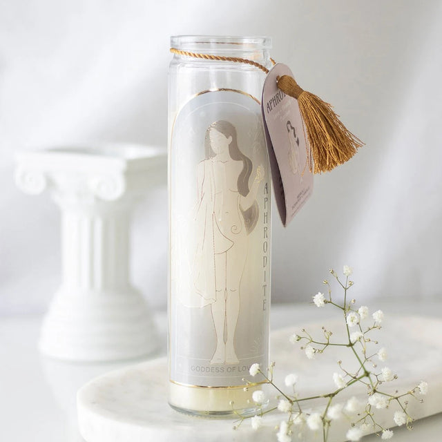 Aphrodite Goddess Tube Candle with Rose Quartz Crystals