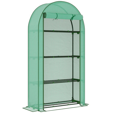 Outsunny 4 Tier Mini Greenhouse with Reinforced PE Cover, Portable Small Greenhouse with Roll-Up Door, 105 x 45 x 160cm, Green