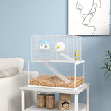 PawHut Gerbil Cage, Dwarf Hamster Cage w/ Deep Glass Bottom, Ramps, Platforms, Hut, Exercise Wheels, Water Bottle - White