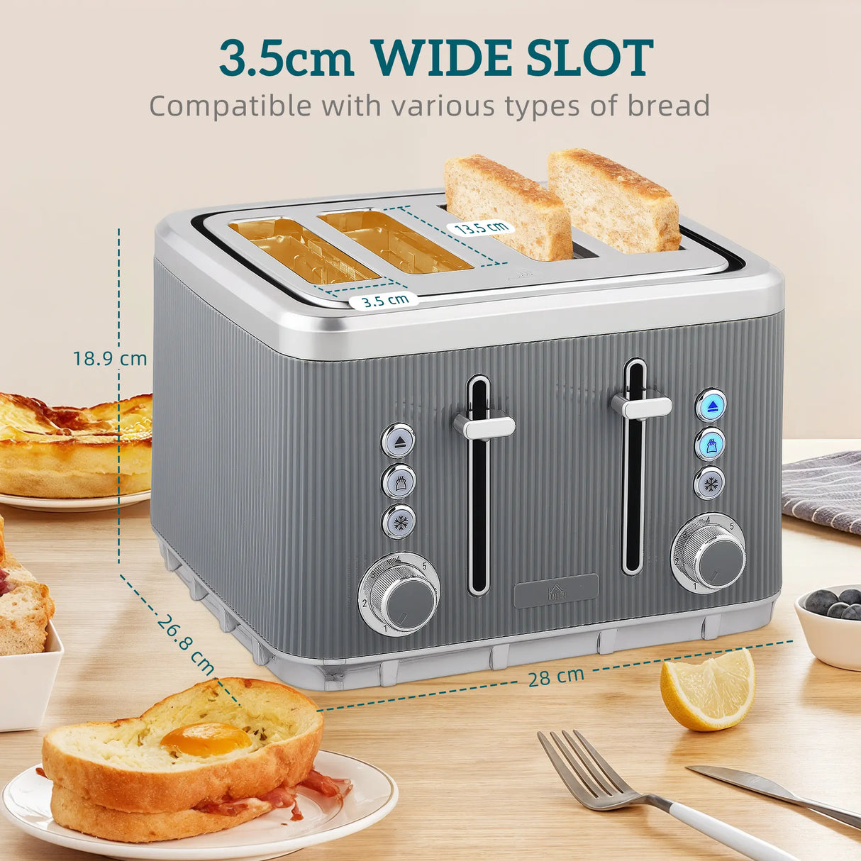 HOMCOM Electric Stainless Steel Kettle and Toaster Set, 3000W 1.7L UK Strix Thermostat Fast Boil Kettle w/ Limescale Filter, Cool Touch Body, 4 Slice Toaster with 7 Browning Levels, Crumb Tray, Grey