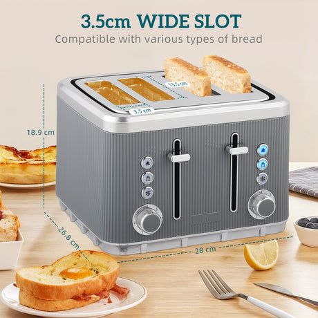 HOMCOM Electric Stainless Steel Kettle and Toaster Set, 3000W 1.7L UK Strix Thermostat Fast Boil Kettle w/ Limescale Filter, Cool Touch Body, 4 Slice Toaster with 7 Browning Levels, Crumb Tray, Grey