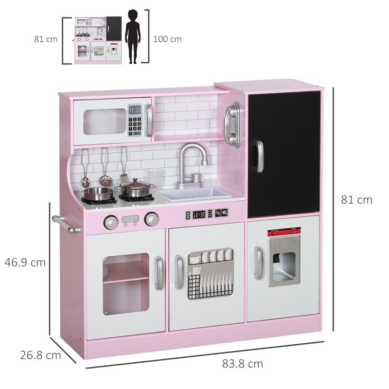 AIYAPLAY Pretend Play Kitchen, Kids Kitchen Playset w/ Toy Phone, Chalkboard, Microwave, Cooking Stove, Sink