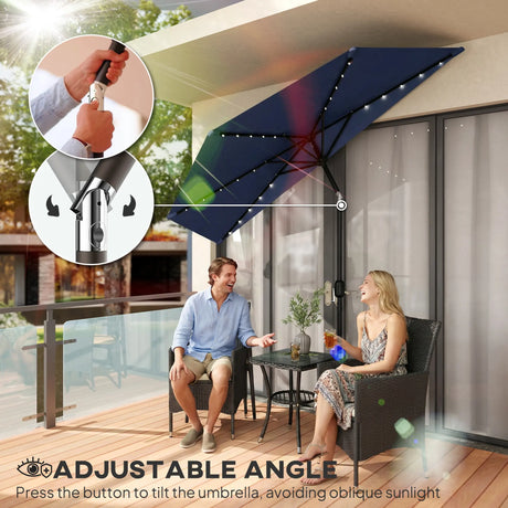 Outsunny 2.6 m Half Garden Parasol with Solar LED Lights, UPF50+ Semi Round Umbrella with 30 Tilt, Crank Handle, Dark Blue