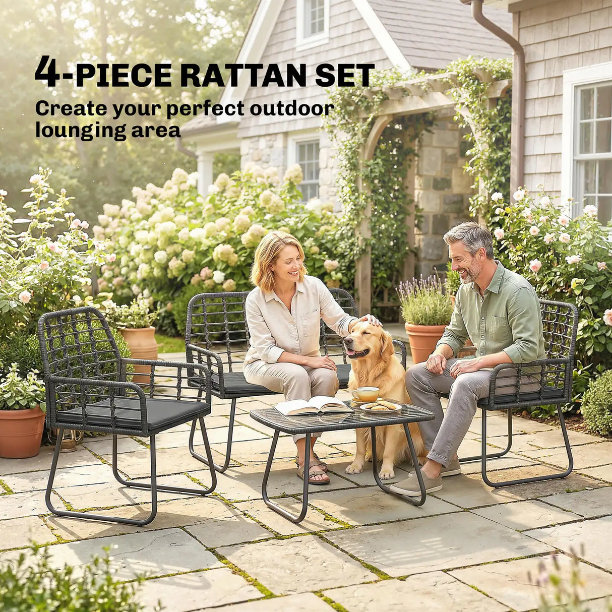 Outsunny 4 Piece Rattan Garden Furniture Set, Outdoor Patio Furniture with Loveseat, Armchairs and Coffee Table
