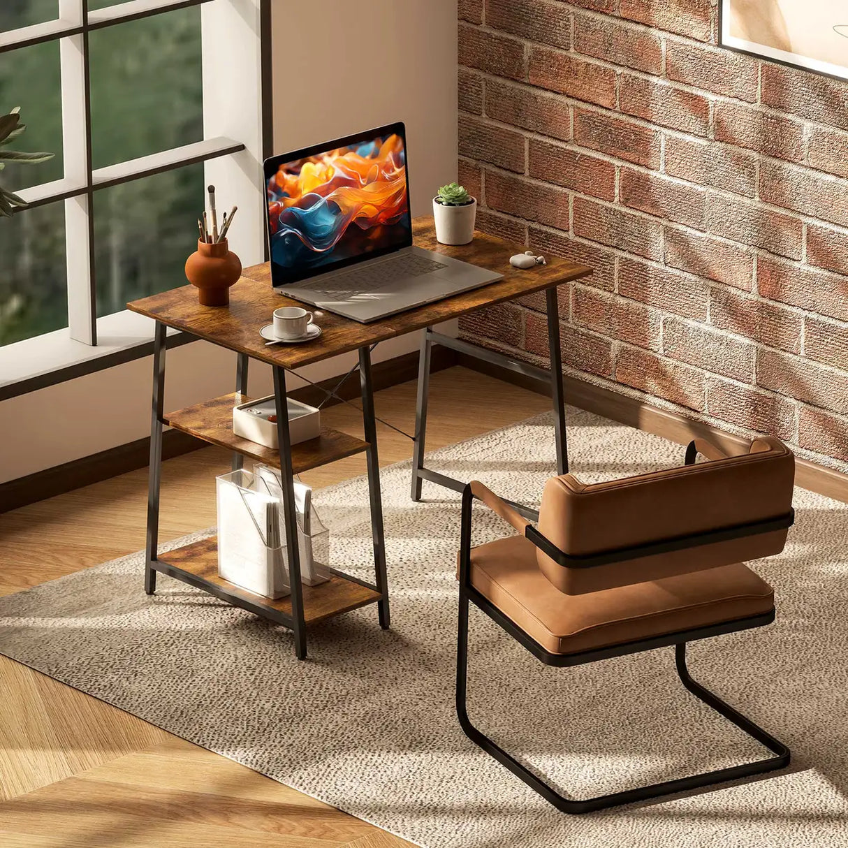 HOMCOM Industrial-Style Work Desk, with Shelves - Brown/Black