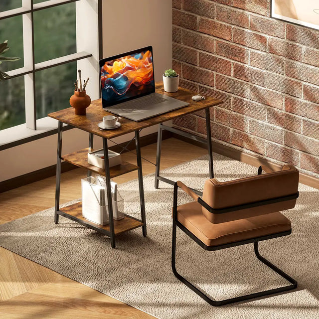 HOMCOM Industrial-Style Work Desk, with Shelves - Brown/Black
