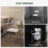HOMCOM Height Adjustable Shower Stool with Arms and Back, Non-Slip Bedside Commode with Detachable Bucket for Elderly, White