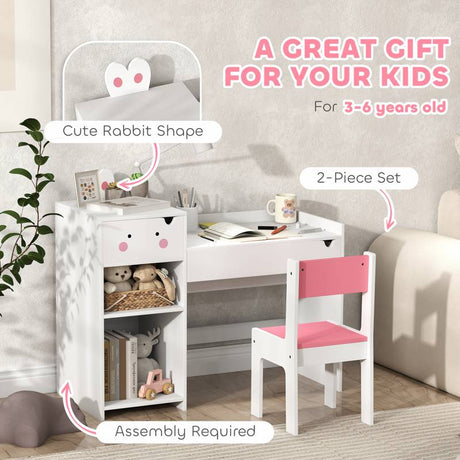 AIYAPLAY Rabbit Themed Kids Desk and Chair Set with Bookcase, Drawers, Storage Shelves, for 3-6 Years, White