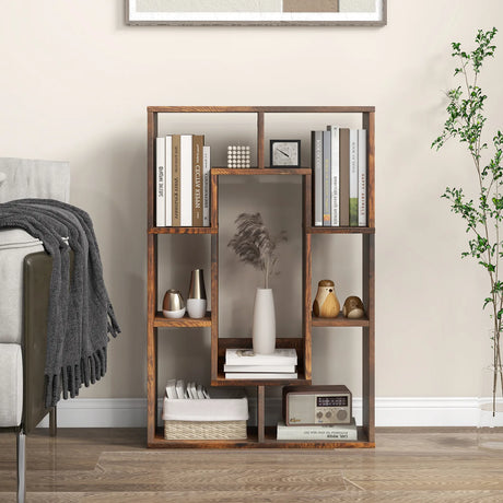 7-Cube Geometric Bookshelf Open Bookcase with Anti-Toppling Device-Rustic Brown