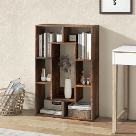 7-Cube Geometric Bookshelf Open Bookcase with Anti-Toppling Device-Rustic Brown