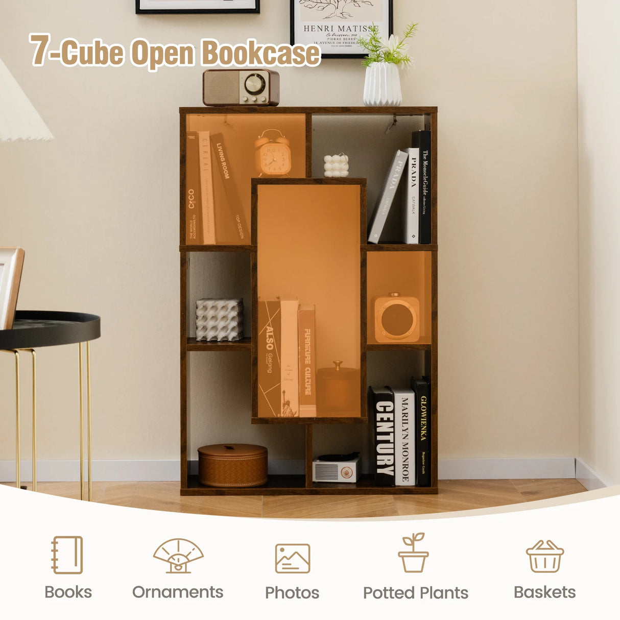 7-Cube Geometric Bookshelf Open Bookcase with Anti-Toppling Device-Rustic Brown