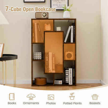 7-Cube Geometric Bookshelf Open Bookcase with Anti-Toppling Device-Rustic Brown