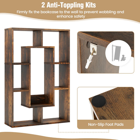 7-Cube Geometric Bookshelf Open Bookcase with Anti-Toppling Device-Rustic Brown