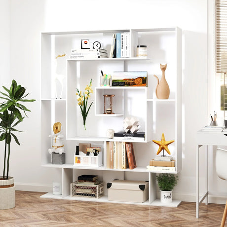 7-Tier Geometric Bookshelf with 2 Anti-Tipping Kits-White