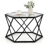 Geometric Coffee Table with Tempered Glass Top & Metal Legs