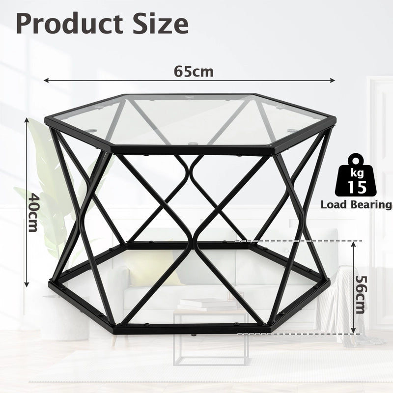 Geometric Coffee Table with Tempered Glass Top & Metal Legs